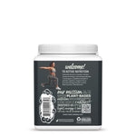 Back view of a nutrition container with text about plant-based active nutrition and fitness imagery.