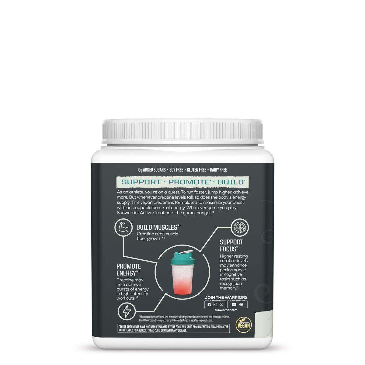 Container label showing benefits and usage of a fitness supplement with focus on muscle, energy, and focus support.