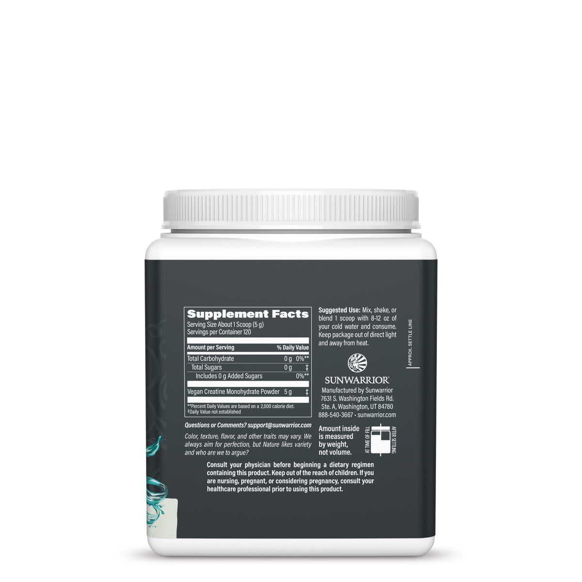 Back view of a white supplement container showing supplement facts and usage directions on a black label