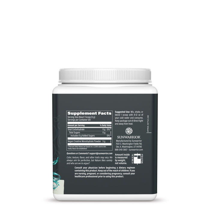 Back view of a white supplement container showing supplement facts and usage directions on a black label
