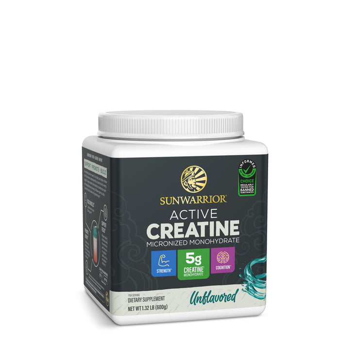 Container of Sunwarrior Active Creatine with 5 grams micronized creatine monohydrate, unflavored supplement