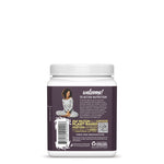 Back label of a plant-based nutrition supplement container with text and a woman sitting cross-legged.
