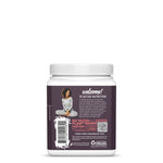 Back of white container with purple label featuring a seated woman and text about plant-based nutrition