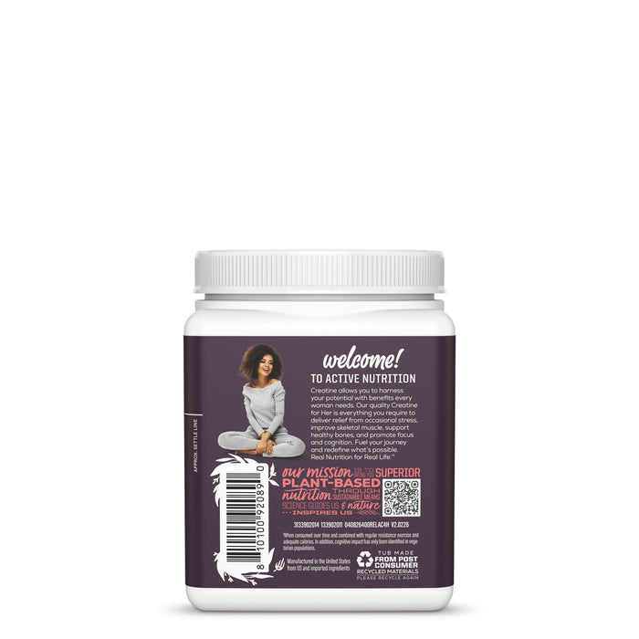 Back of white container with purple label featuring a seated woman and text about plant-based nutrition
