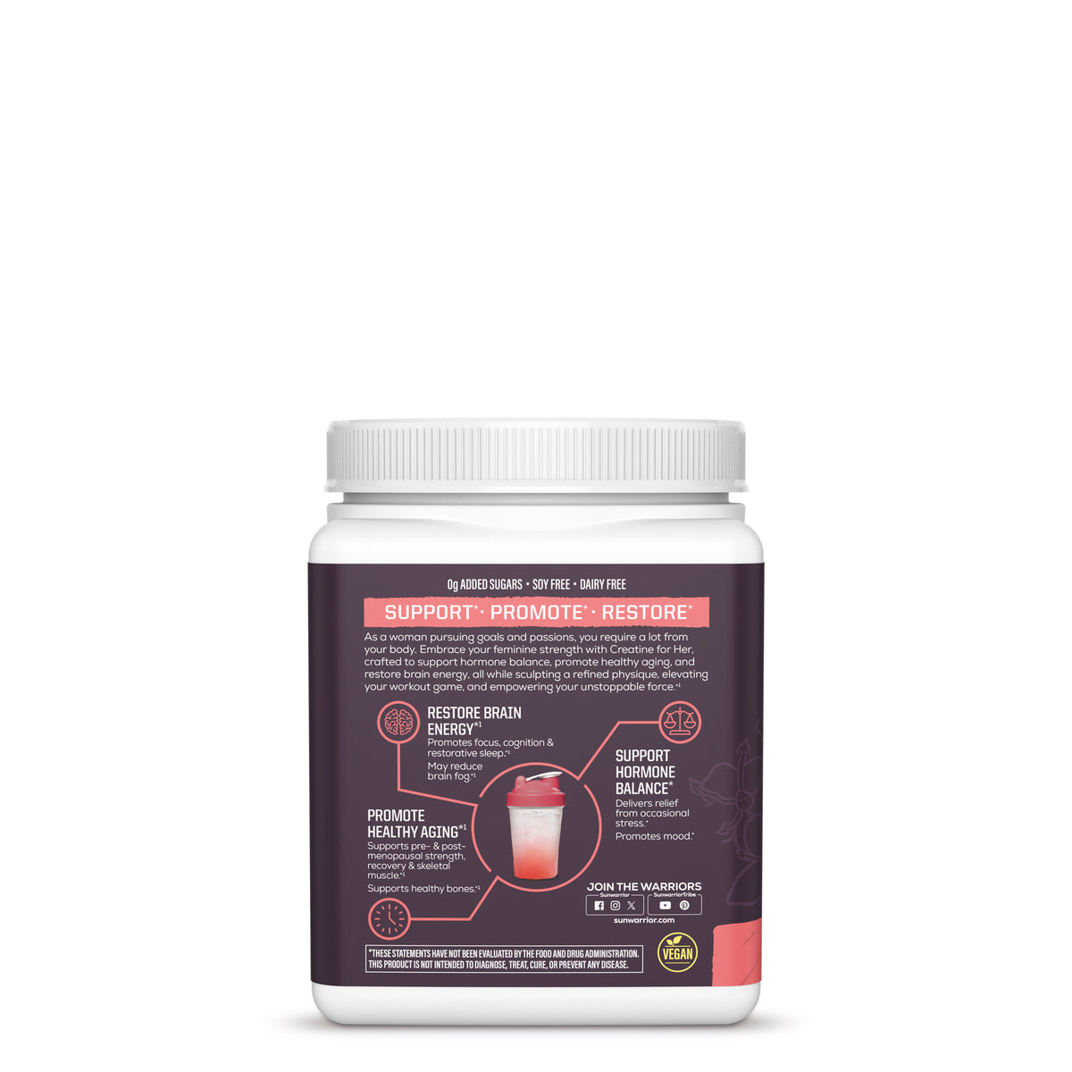 Container with supplement label detailing brain energy, hormone balance, and healthy aging benefits.