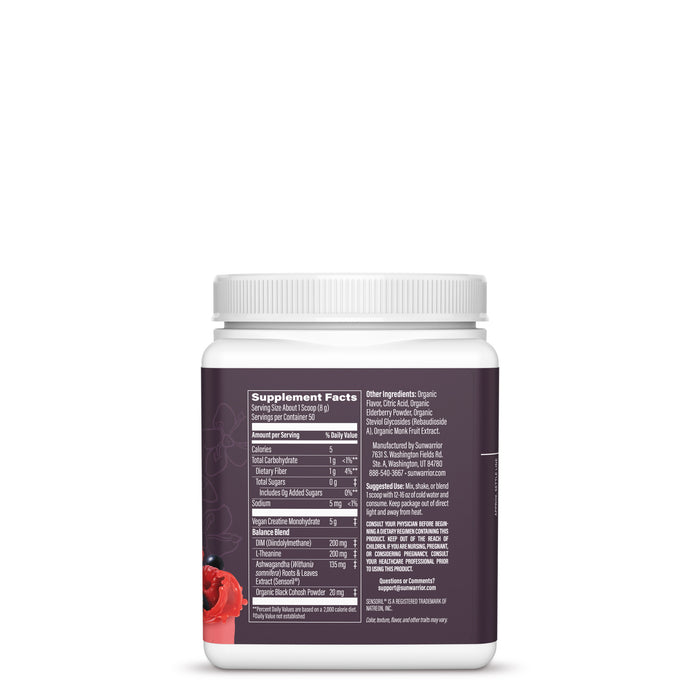 Supplement facts label on a white container with purple background and red berry illustrations.