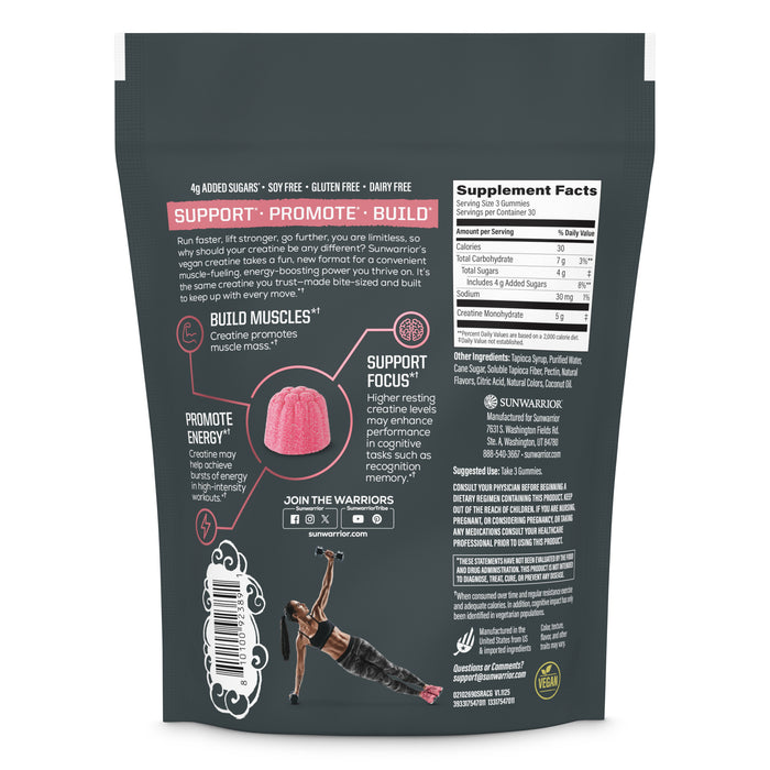 Back of black supplement pouch with product benefits, suggested use, and nutrition facts panel.