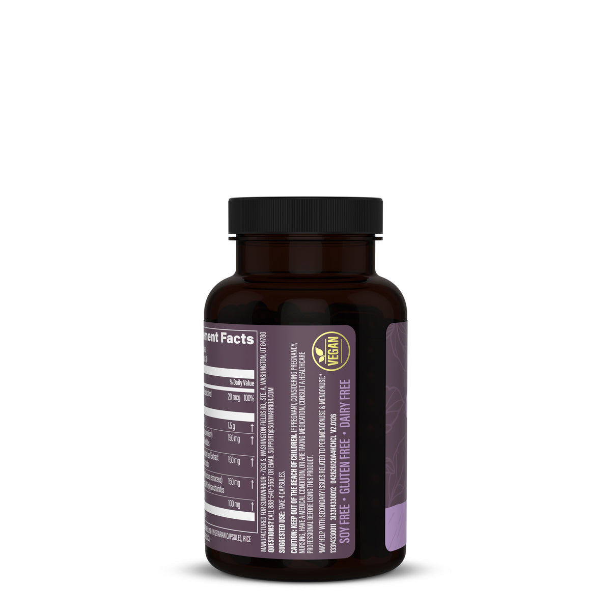 Brown supplement bottle with black cap showing vegan and allergen-free labels on a white background