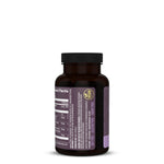 Brown supplement bottle with black cap showing vegan and allergen-free labels on a white background