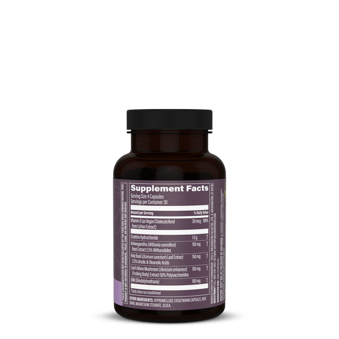 Brown supplement bottle with detailed white and purple supplement facts label on back view