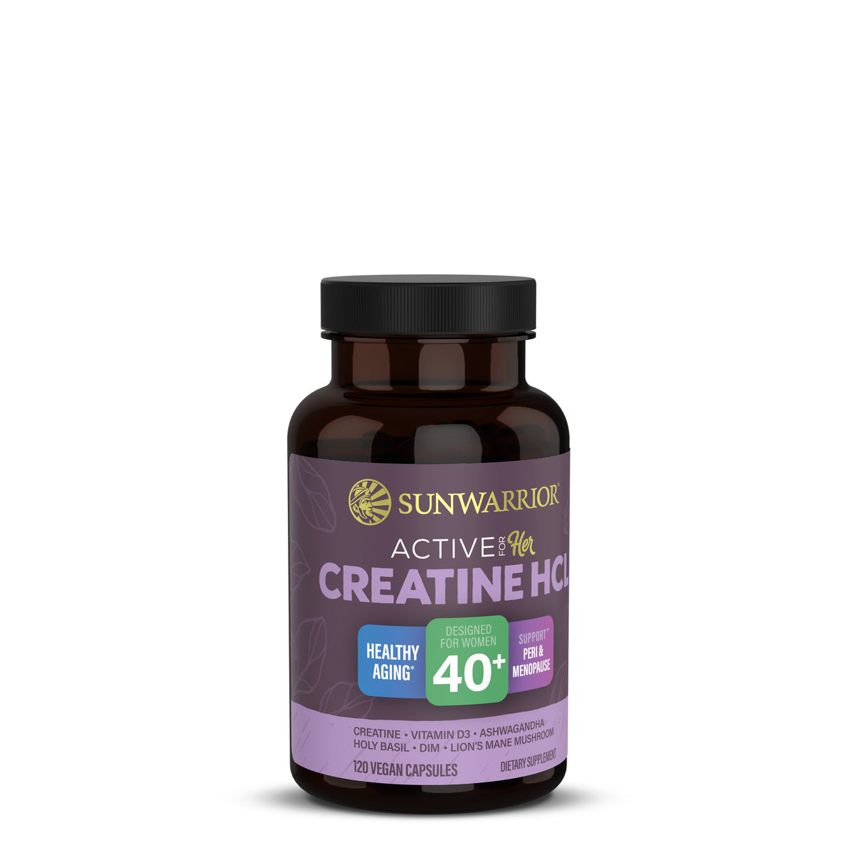 Brown bottle of Sunwarrior Active for Her Creatine HCL supplement with a black lid and purple label
