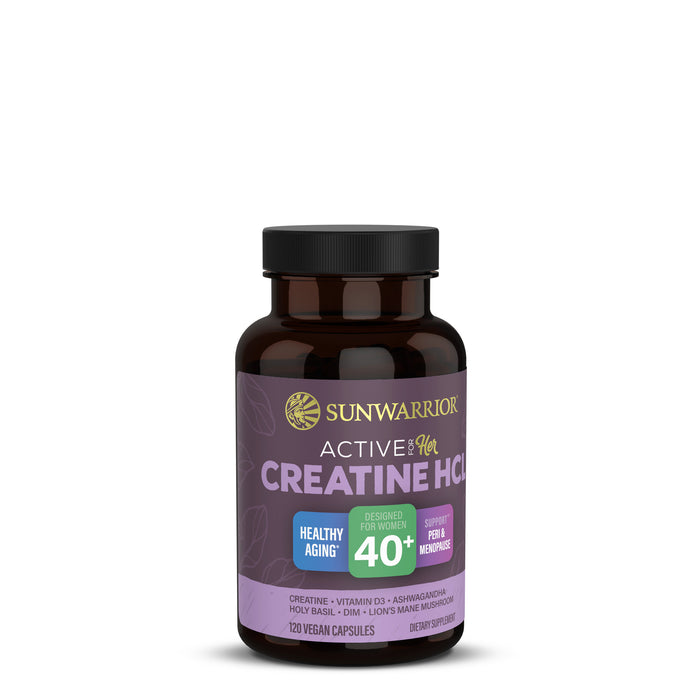 Brown bottle of Sunwarrior Active for Her Creatine HCL supplement with a black lid and purple label