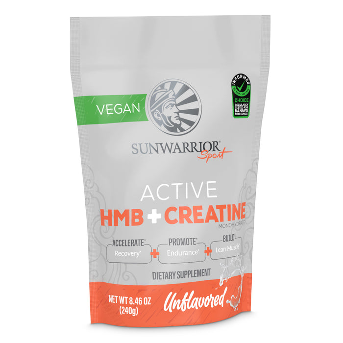 Sunwarrior Sport Active vegan dietary supplement pouch with HMB and creatine for endurance and lean muscle.