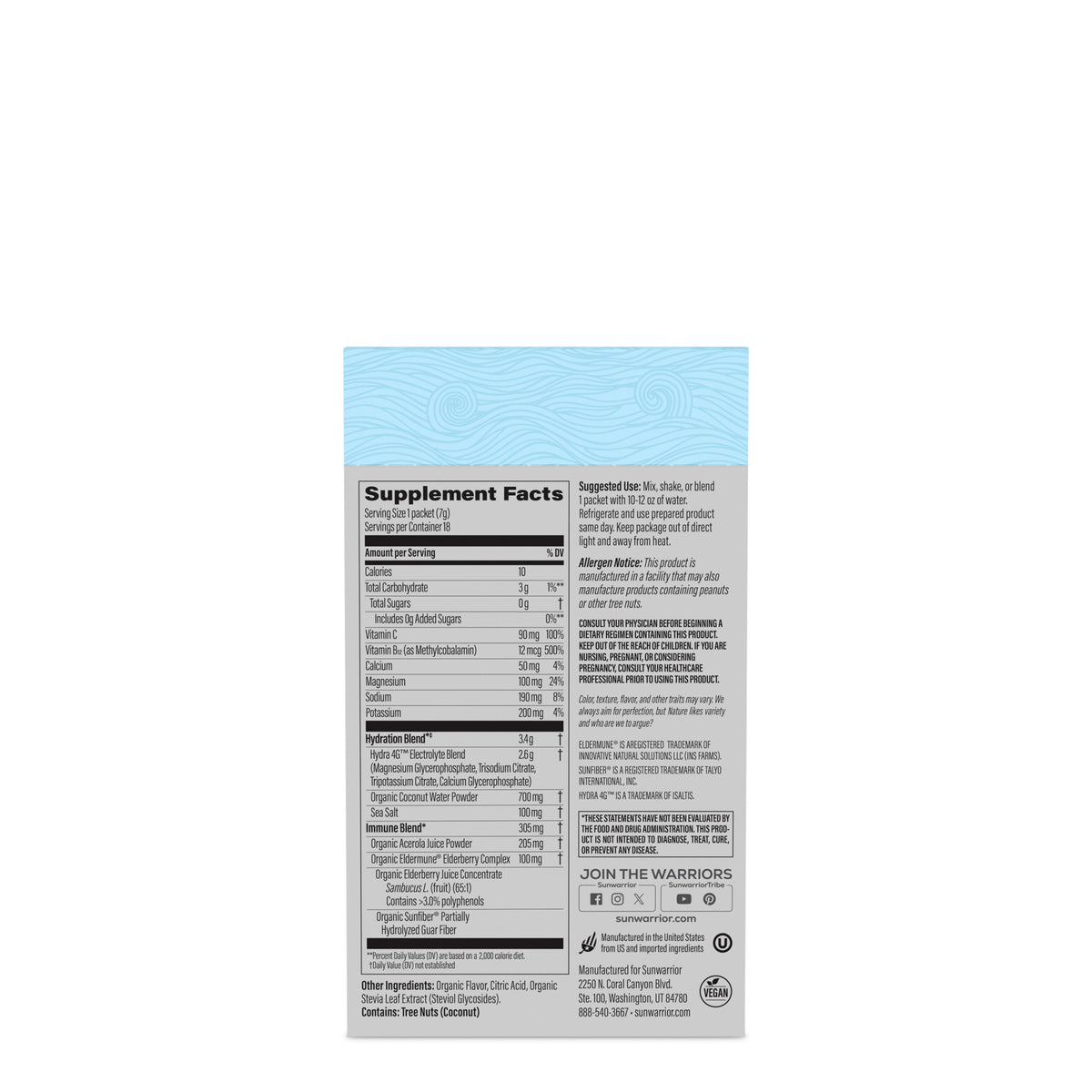 Supplement facts panel and product details for a plant-based protein powder hydration formula.