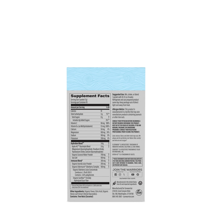 Supplement facts panel and product details for a plant-based protein powder hydration formula.