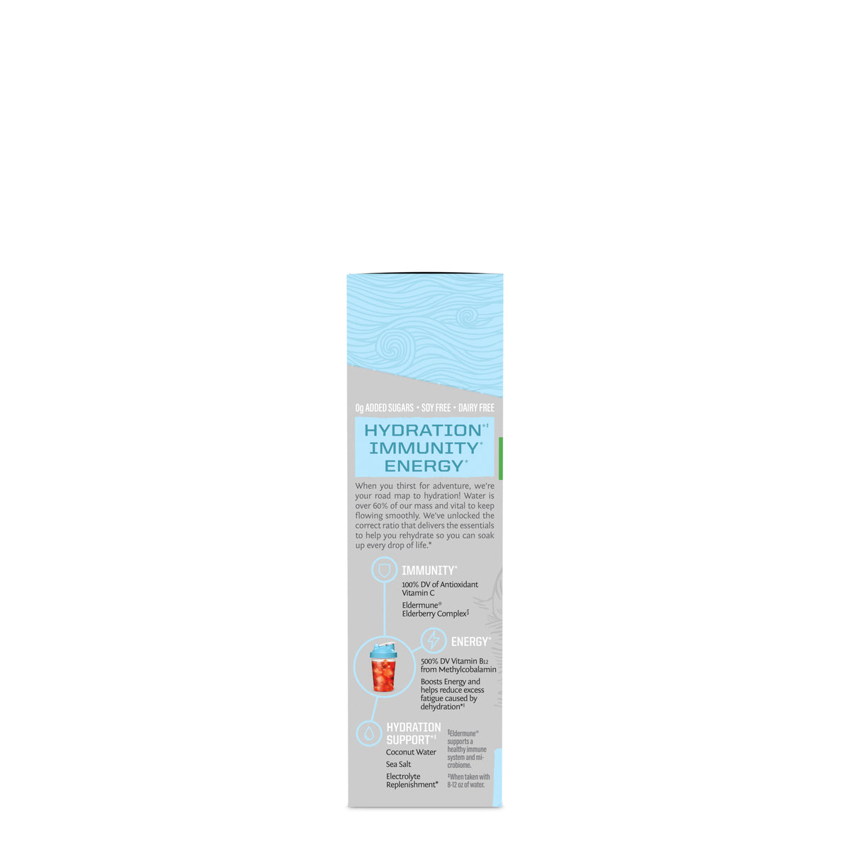 Box of hydration immunity energy powder with key benefits and ingredients listed in blue and gray text