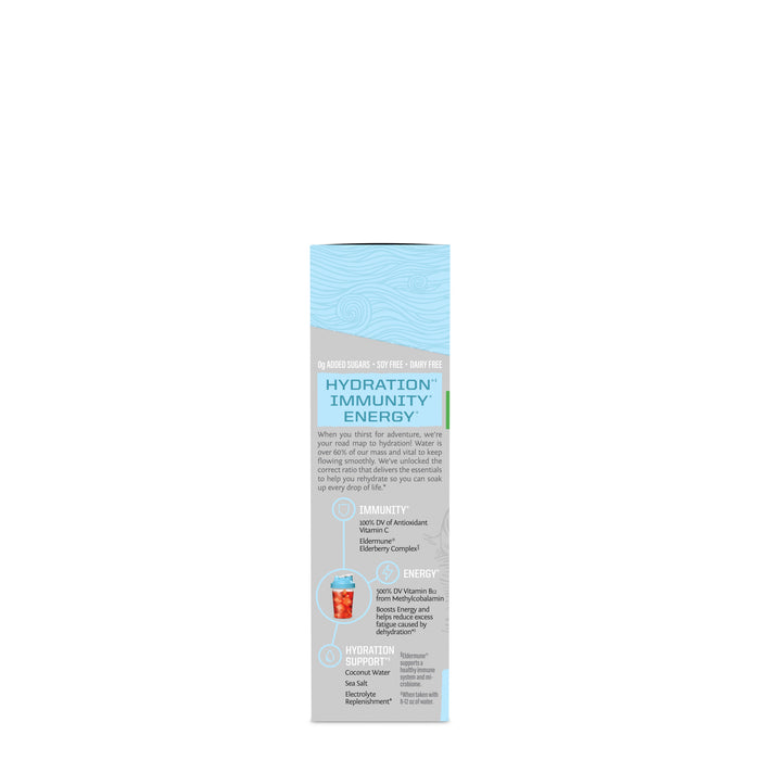 Box of hydration immunity energy powder with key benefits and ingredients listed in blue and gray text