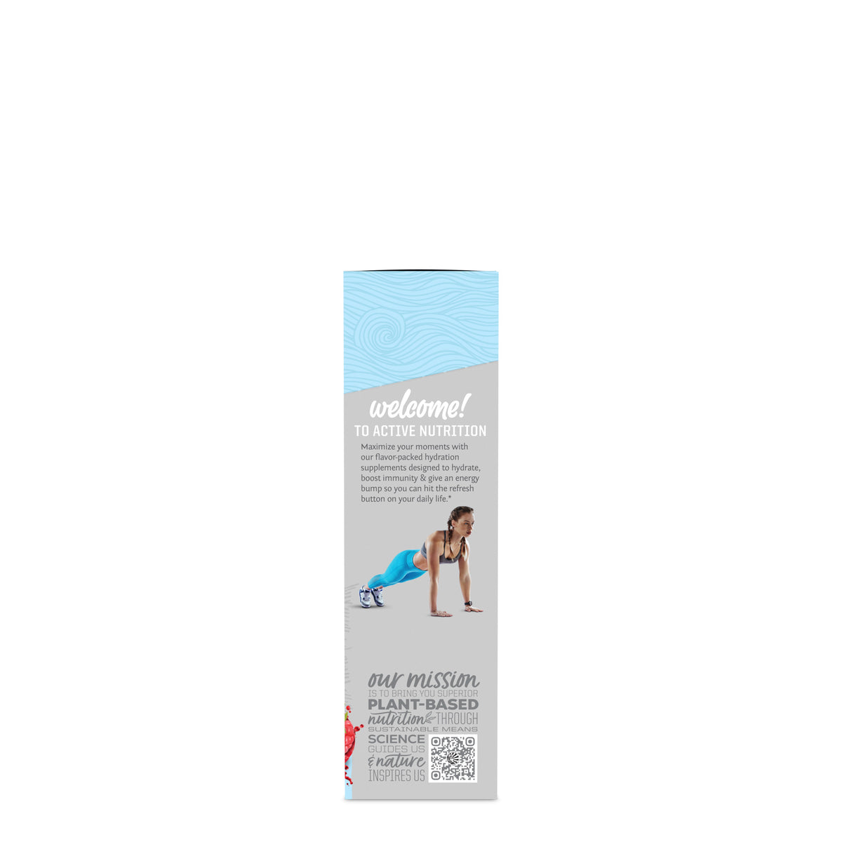 Side panel of active nutrition packaging featuring a woman exercising and plant-based wellness text.