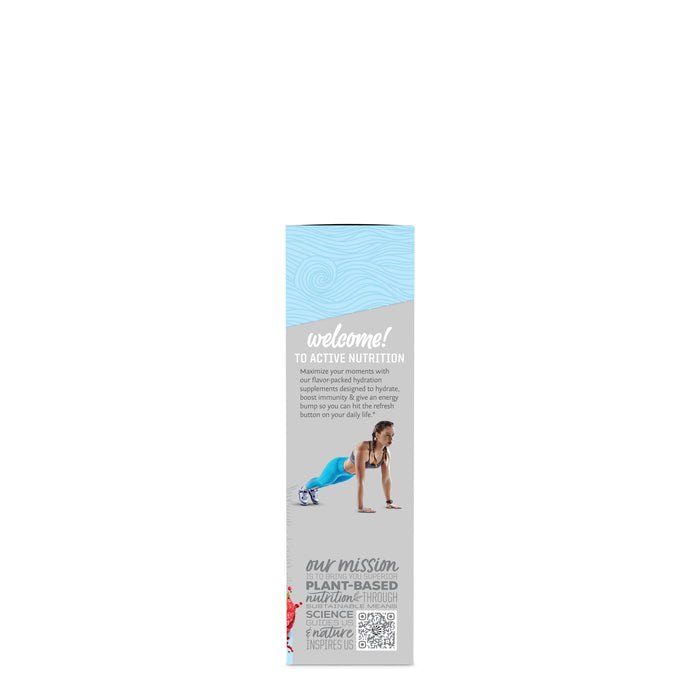 Side panel of active nutrition packaging featuring a woman exercising and plant-based wellness text.