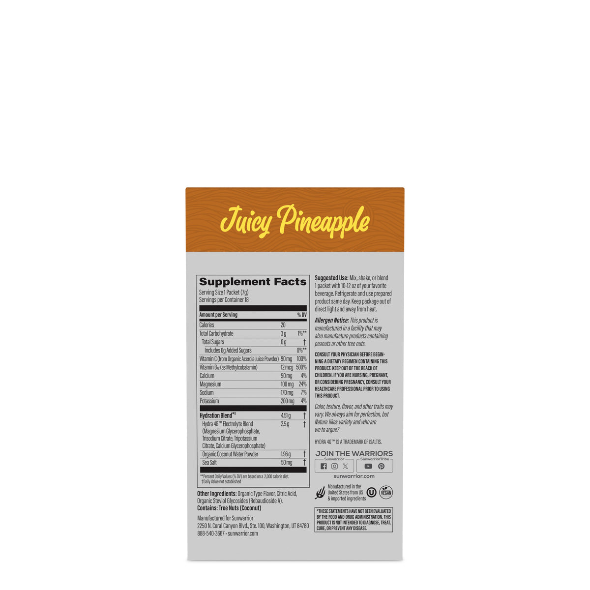 Back label of supplement with Juicy Pineapple flavor and detailed nutrition facts and usage instructions.
