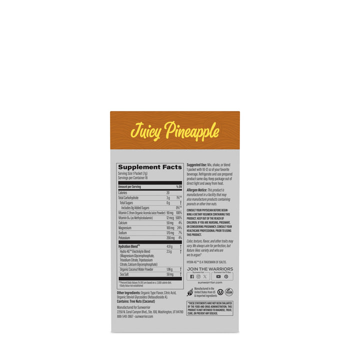 Back label of supplement with Juicy Pineapple flavor and detailed nutrition facts and usage instructions.