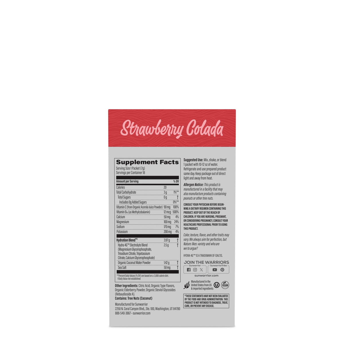 Supplement facts and usage instructions for Strawberry Colada flavored plant-based protein powder package back panel.