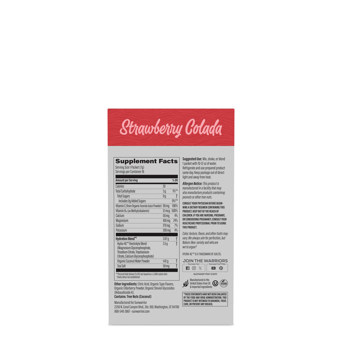 Supplement facts and usage instructions for Strawberry Colada flavored plant-based protein powder package back panel.