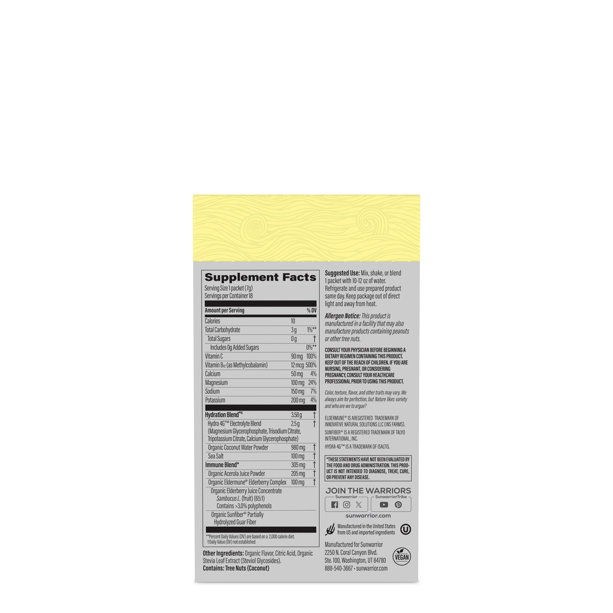 Supplement facts and ingredients label for a plant-based hydration supplement with vitamins and minerals.