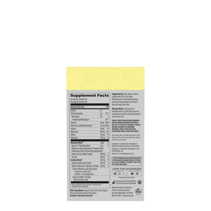 Supplement facts and ingredients label for a plant-based hydration supplement with vitamins and minerals.