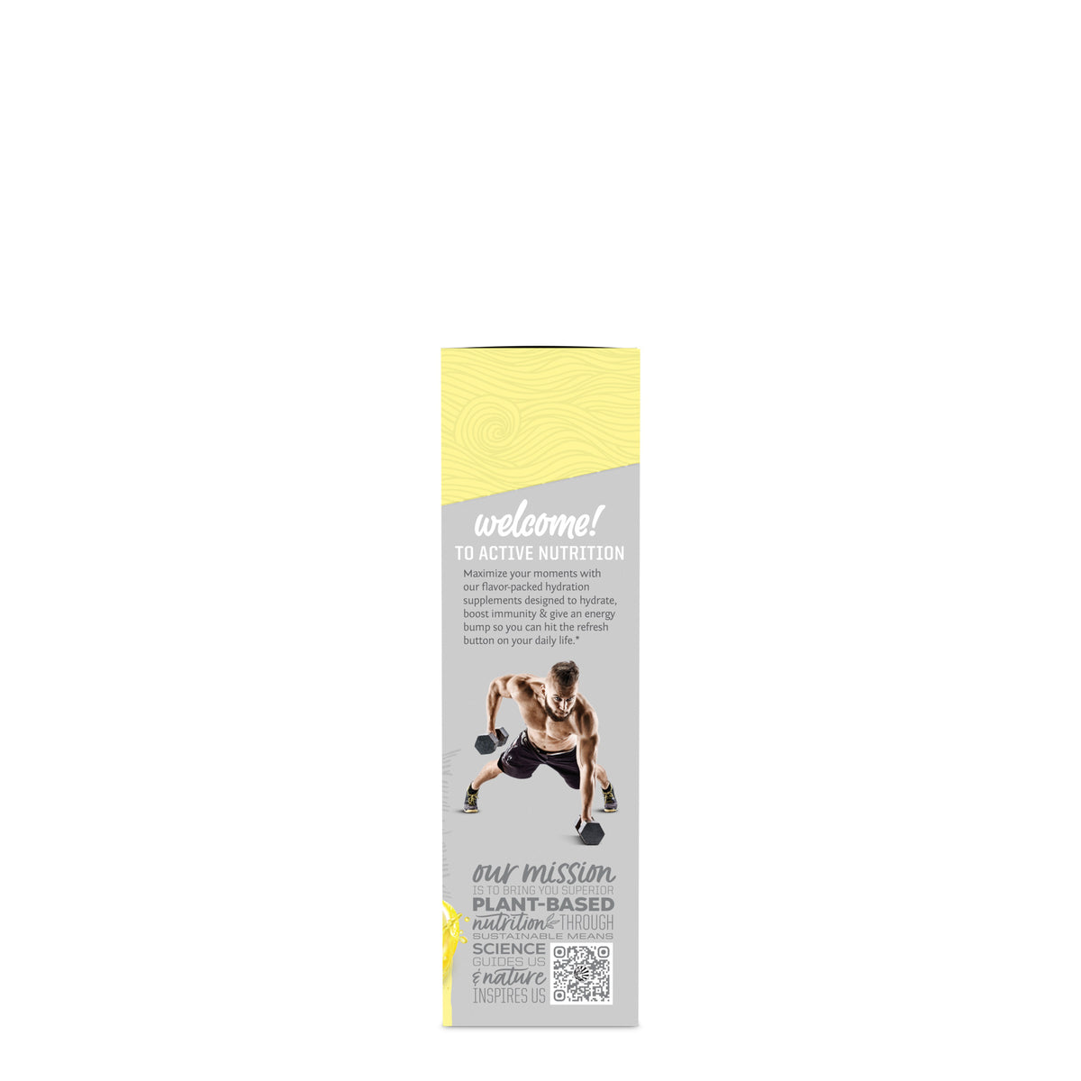 Sunwarrior nutrition label with fitness image, highlighting plant-based wellness and hydration benefits.
