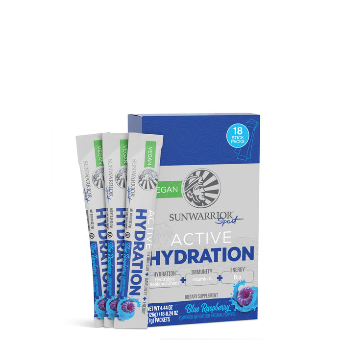 Sunwarrior Active Hydration blue raspberry packets and box for daily wellness and energy boost