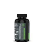 Black supplement bottle with a visible nutrition facts panel and green label indicating the product is vegan, soy-free, gluten-free, and dairy-free on a white background.