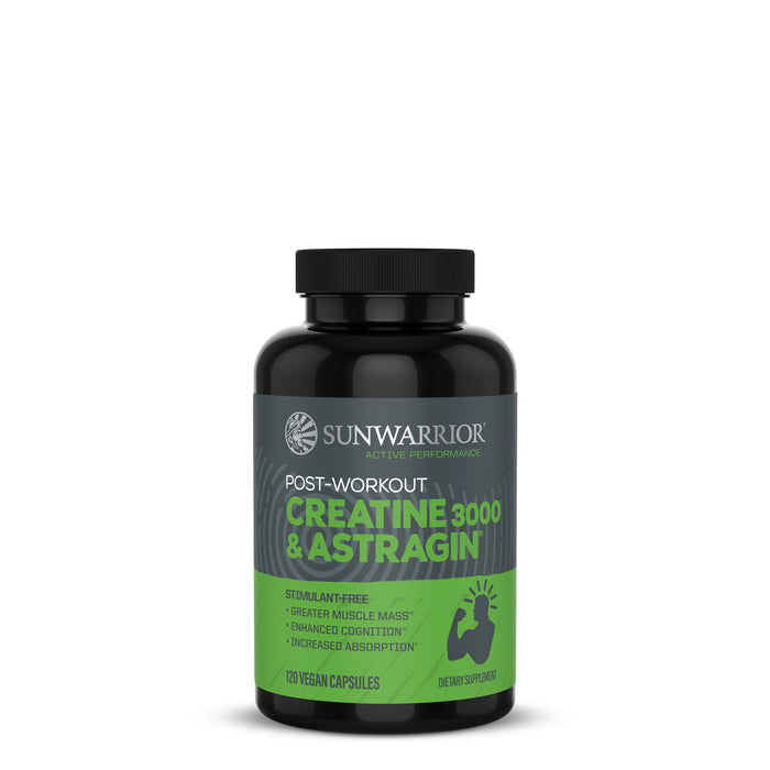 Black bottle of Sunwarrior Active Performance post-workout creatine 3000 and AstraGin supplement with green and black label, containing 120 vegan capsules.