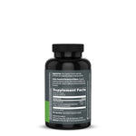 Black supplement bottle with a label showing supplement facts, usage instructions, caution warnings, and contact information on a white background.