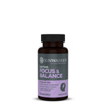 Bottle of Sunwarrior dietary supplement labeled Daytime Focus & Balance with vegan capsules, featuring claims of stimulant-free, more mental sharpness, reduced daily stress, and high productivity after exercise.
