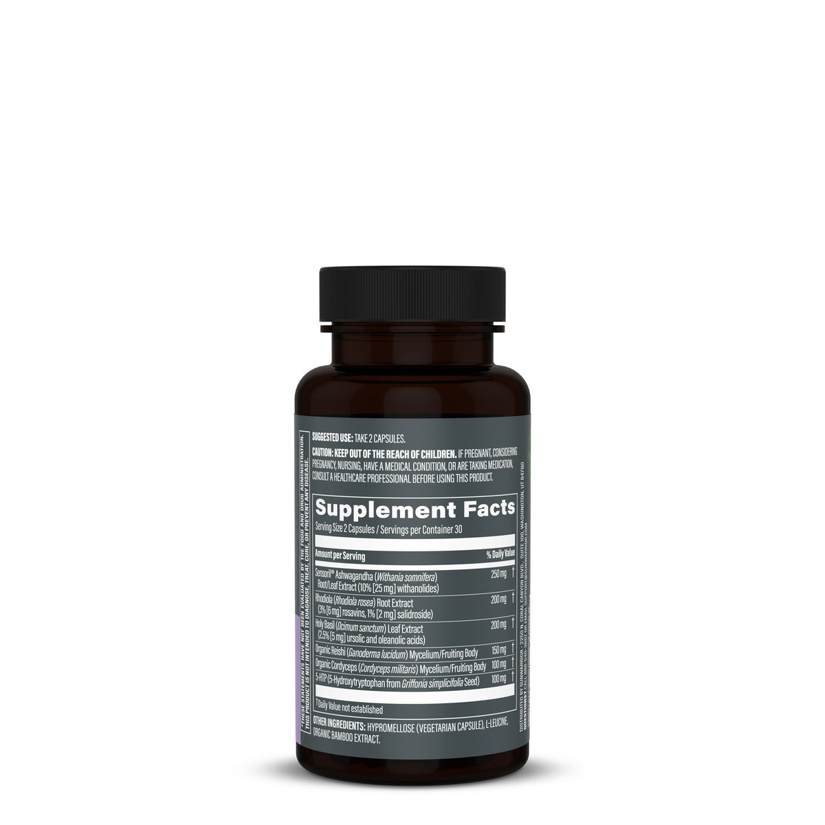 Brown supplement bottle with black lid showing detailed supplement facts and ingredient information on a white label against a plain white background.