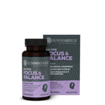 Bottle and box of Sunwarrior Active Performance Daytime Focus and Balance dietary supplement with purple and gray labeling highlighting benefits like enhanced mental sharpness and reduced daily stress.