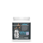 Back of white container with fitness image and detailed text about active plant-based nutrition powder