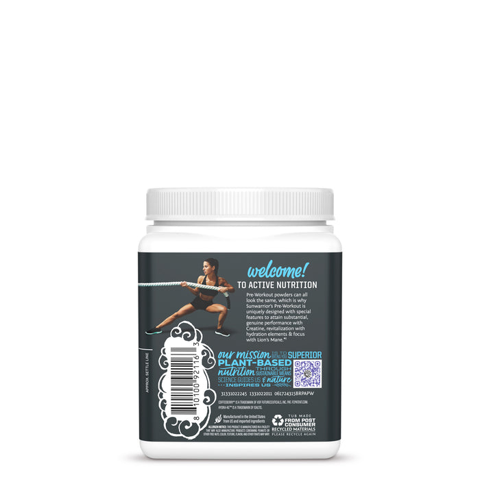 Back of white container with fitness image and detailed text about active plant-based nutrition powder