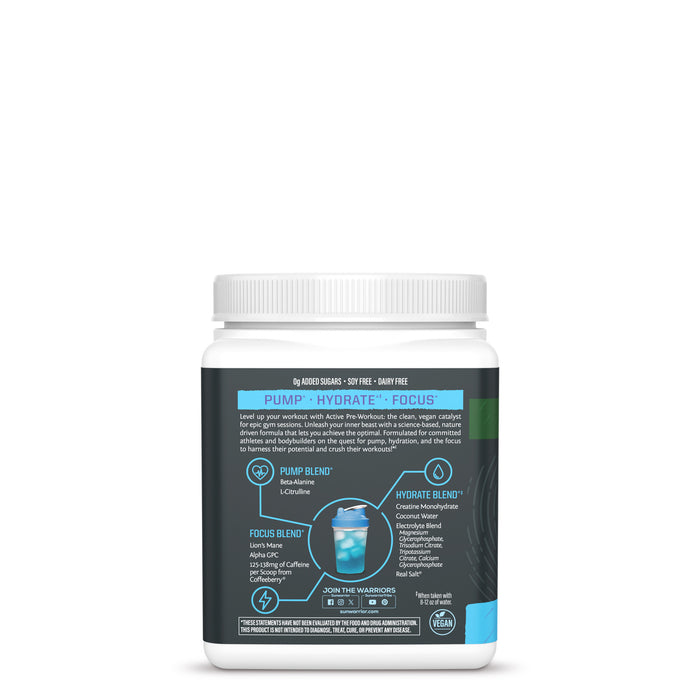 Container with supplement details and instructions for active pre-workout powder powder blend