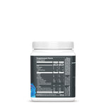 White container with a nutrition facts label and a dark background, featuring a small blue graphic design.