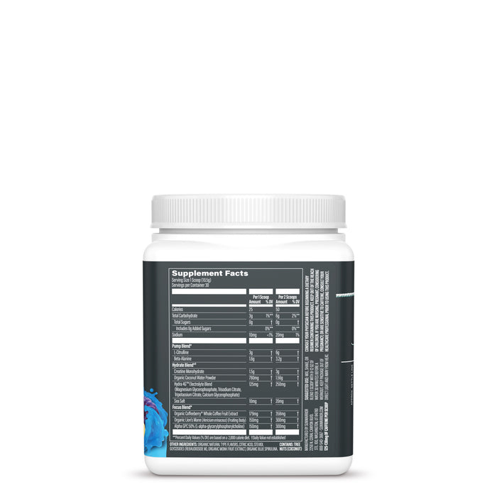White container with a nutrition facts label and a dark background, featuring a small blue graphic design.