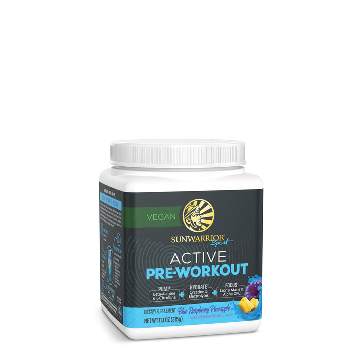 Sunwarrior Active Pre Workout container with vegan energy supplement in blue raspberry pineapple flavor