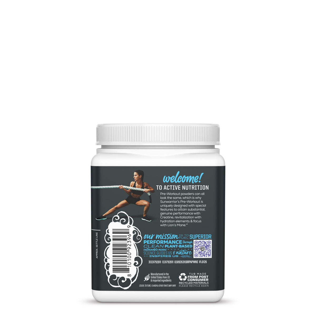 White plastic container with a black label featuring a woman exercising with battle ropes, text about active nutrition and plant-based ingredients, a barcode, and certification logos.
