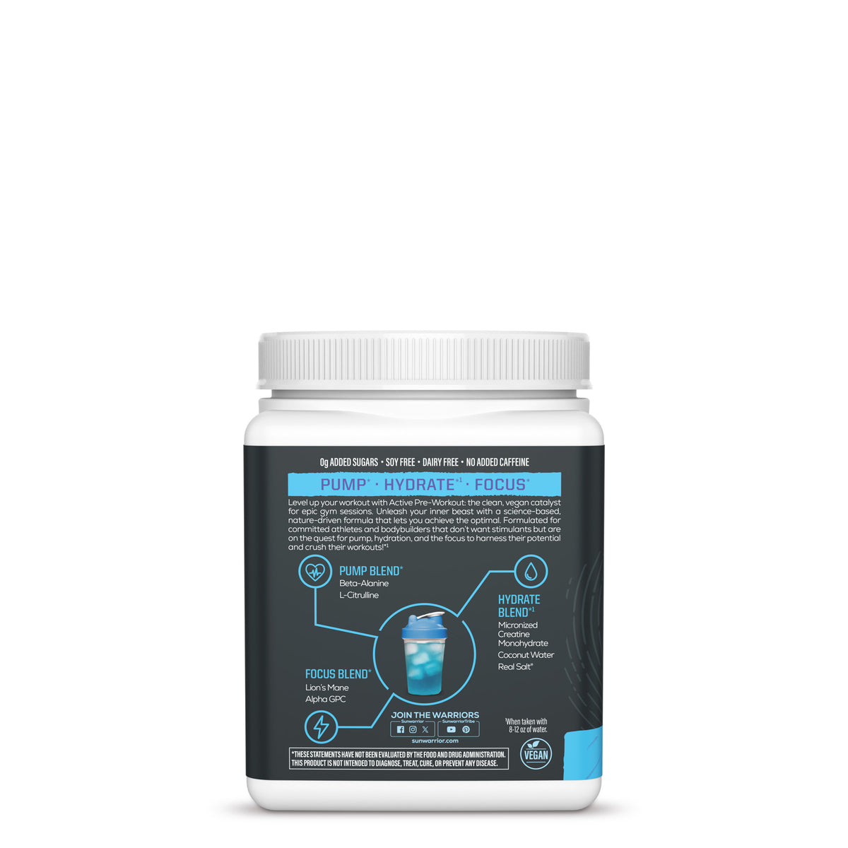 White container with a black label detailing ingredients and benefits for a no-stimulant pre-workout supplement, highlighting pump, hydrate, and focus blends.