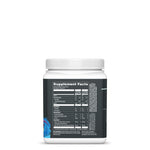 Back view of a white supplement container with a detailed supplement facts label and ingredient information on a black background.