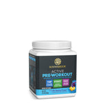 Sunwarrior Active Pre-Workout container with labels highlighting no added stimulants or caffeine, pump support, hydration with creatine and coconut water, and focus ingredients like lion's mane and rhodiola.