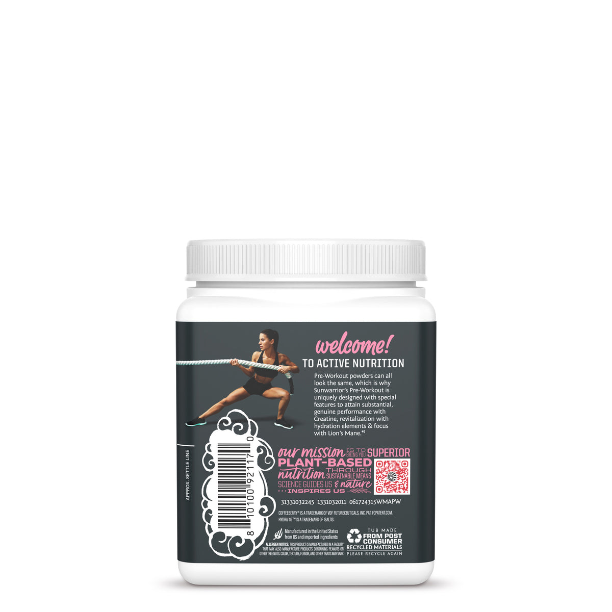 Back view of a white container with fitness image and text about plant-based nutrition and active supplements.