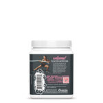 Back view of a white container with fitness image and text about plant-based nutrition and active supplements.