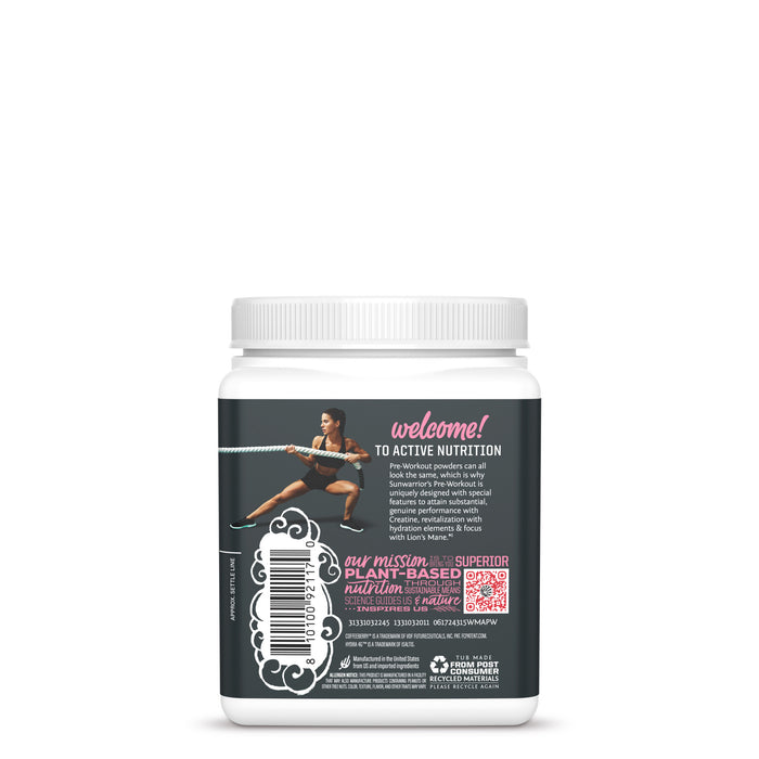 Back view of a white container with fitness image and text about plant-based nutrition and active supplements.